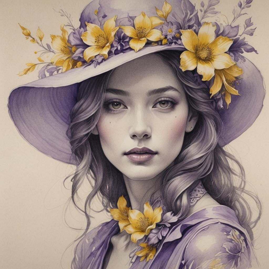 Pencil Drawing of Woman in Floral Hat