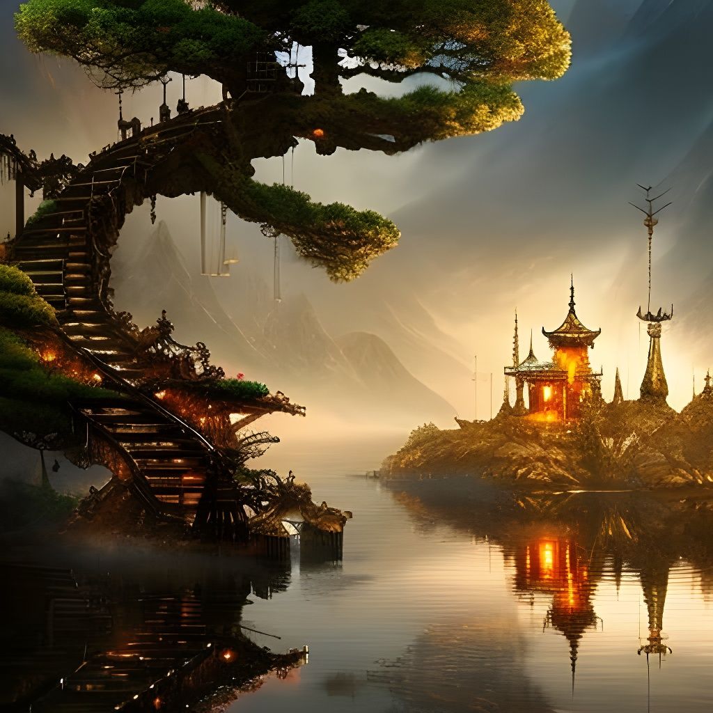 Clockpunk Crystal Bonsai Village in Digital Painting Style