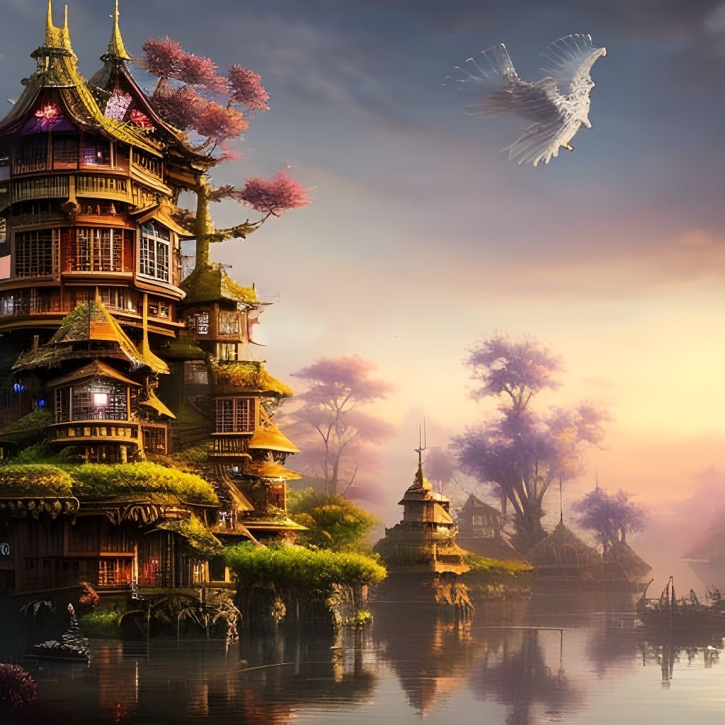 Clockpunk Bonsai Village: Detailed Digital Matte Painting