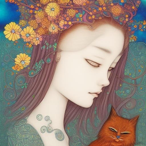 Fairytale Girl with Animals in Magic Realism Style