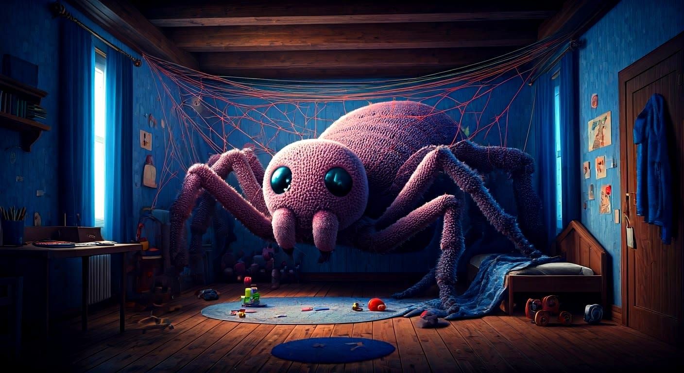 Giant Knitted Spider Webbing a Child's Room