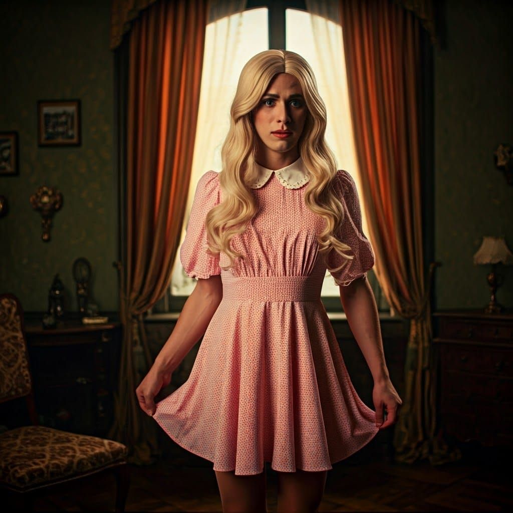 Worried Teen Crossdressing in Pink Minidress