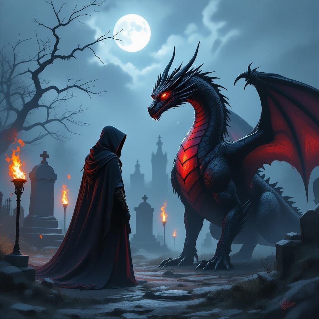 Dark Fantasy Art: Hooded Figure and Dragon in Misty Graveyar...