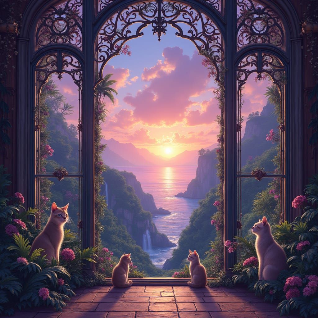 Whimsical Cat Paradise Through Majestic Glass Window