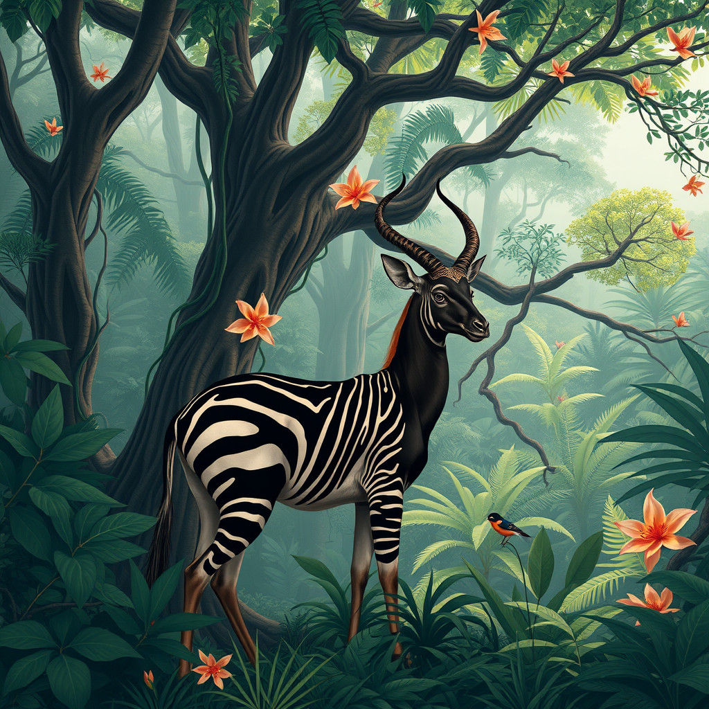 Okapi in Rainforest, Wildlife Illustration