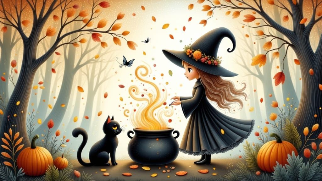 Autumn fairytale forest with cute little witch and cat
