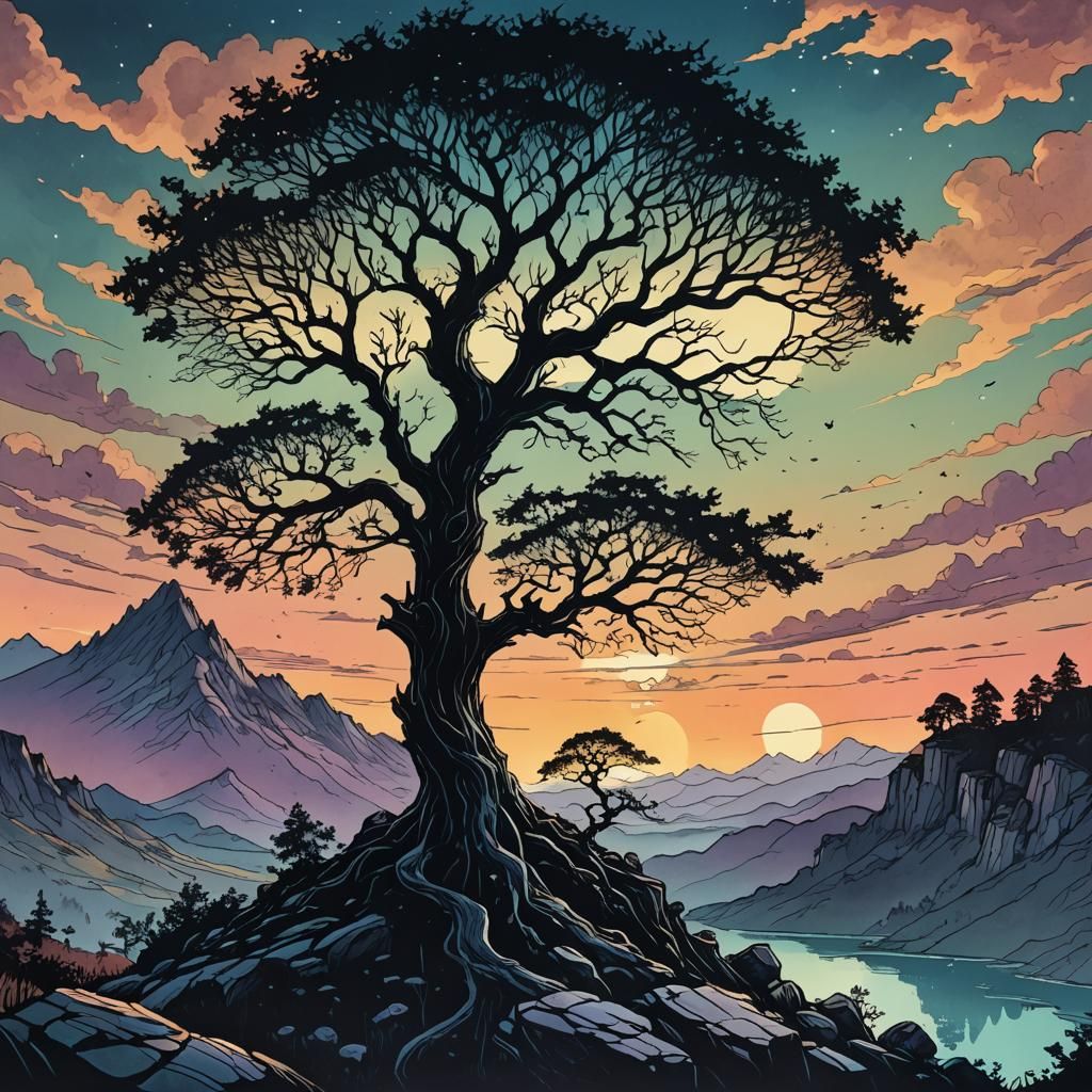 Silhouette Tree at Dusk: Digital Fantasy Illustration
