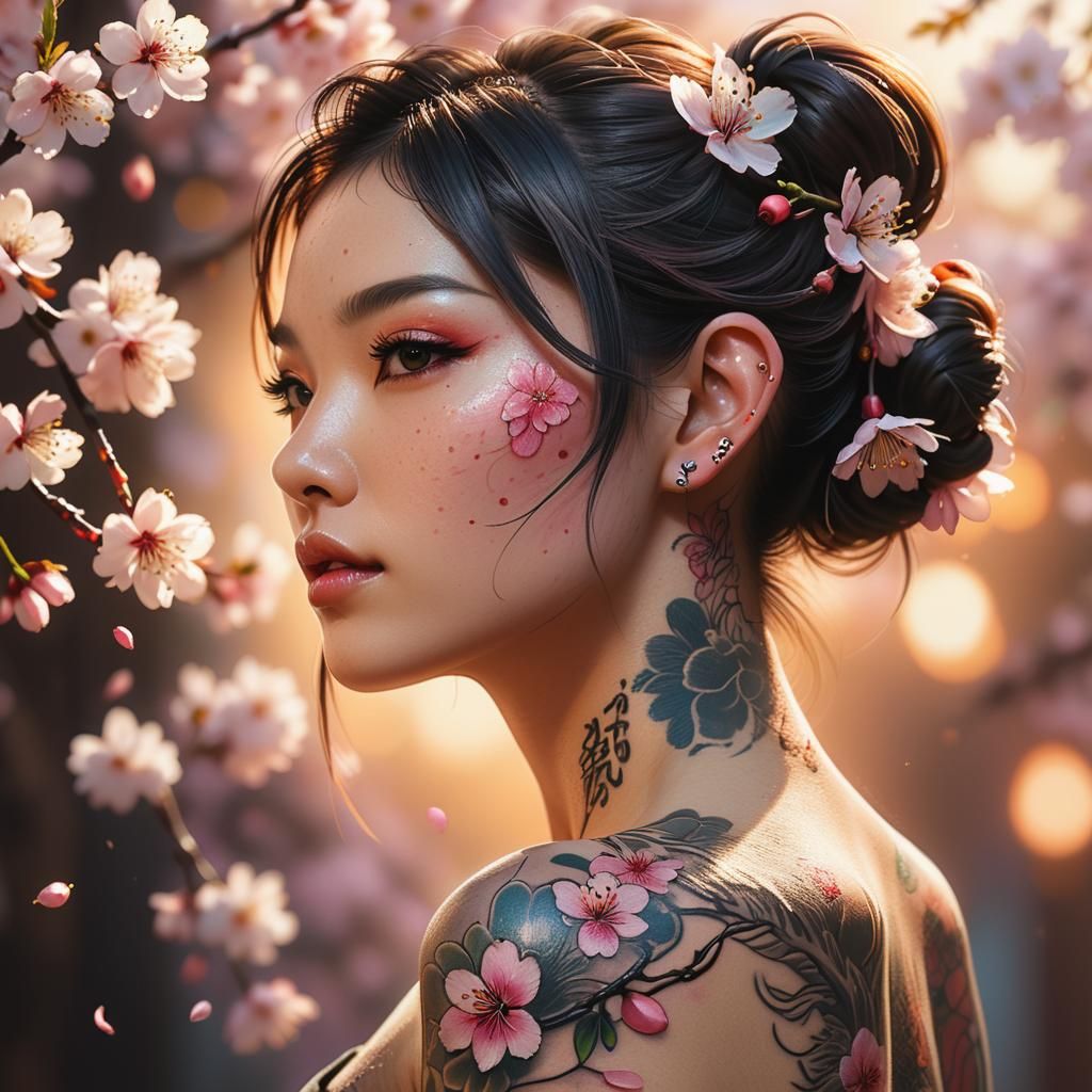 Traditional cherry blossom tattoos on a girl, Hyperrealistic, splash art, concept art, mid shot, intricately detailed, c...
