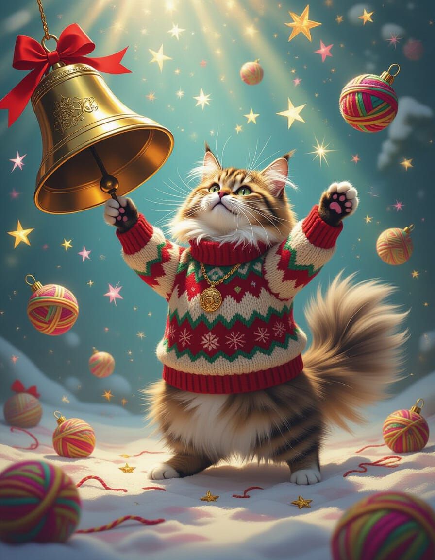 Cat in Ugly Sweater Drums Floating Bell with Yarn and Stars