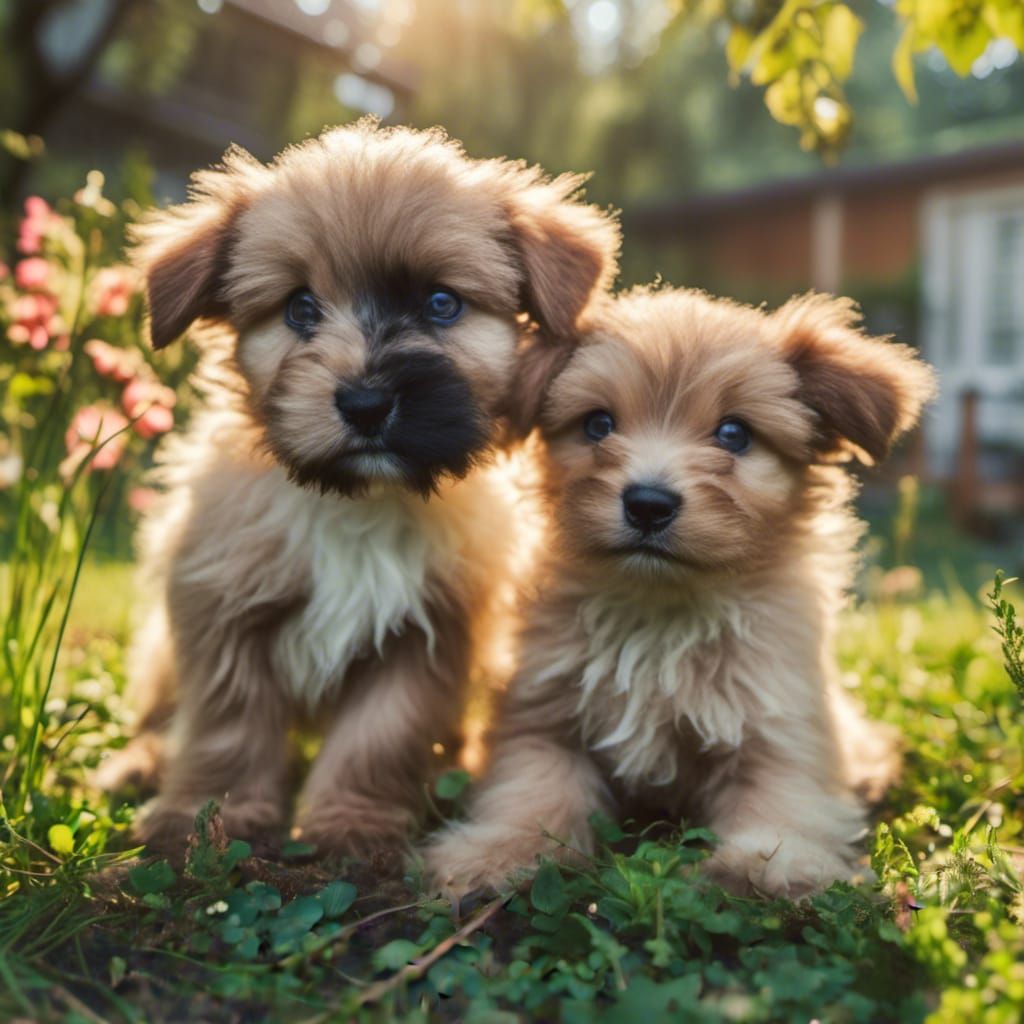 Puppies Playing in Yard: Photorealistic Dog Portrait