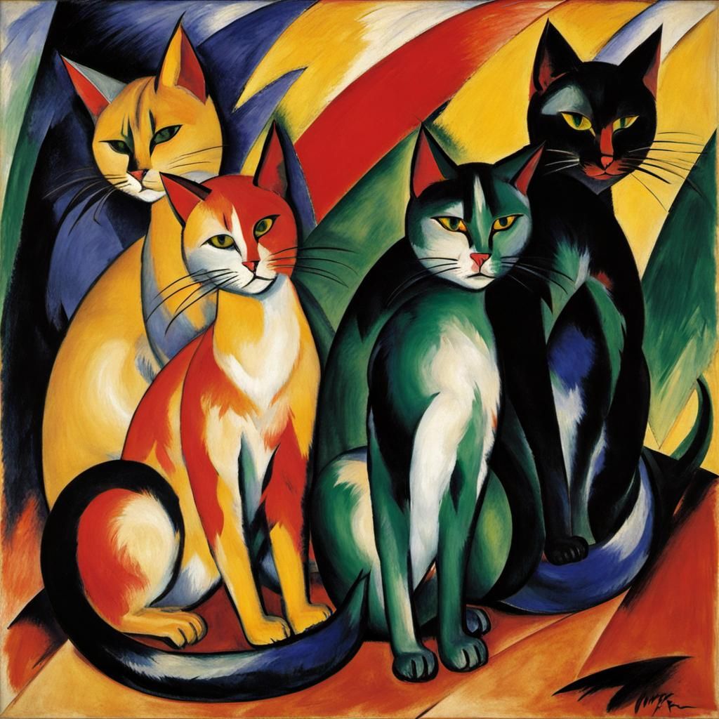 Expressionist Cats Painting in Style of Franz Marc