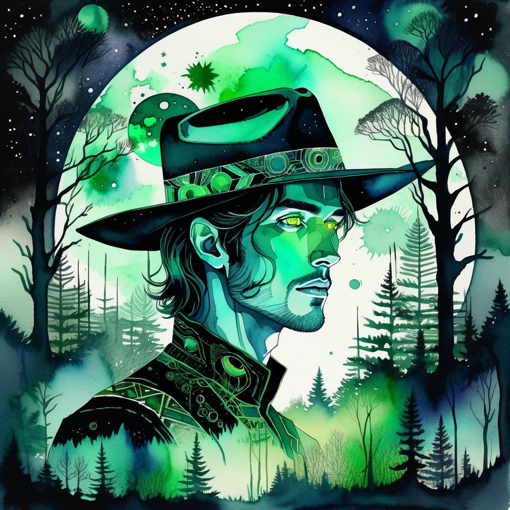 Ethereal Space Cowboy Portrait in Watercolor Style