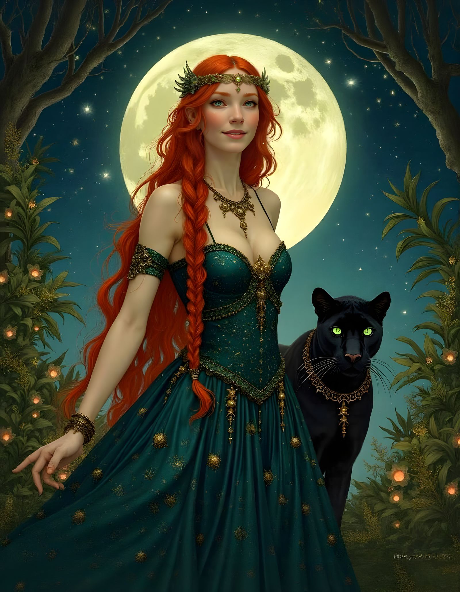 Moonlit Garden: Red-Haired Woman in Art Nouveau Style