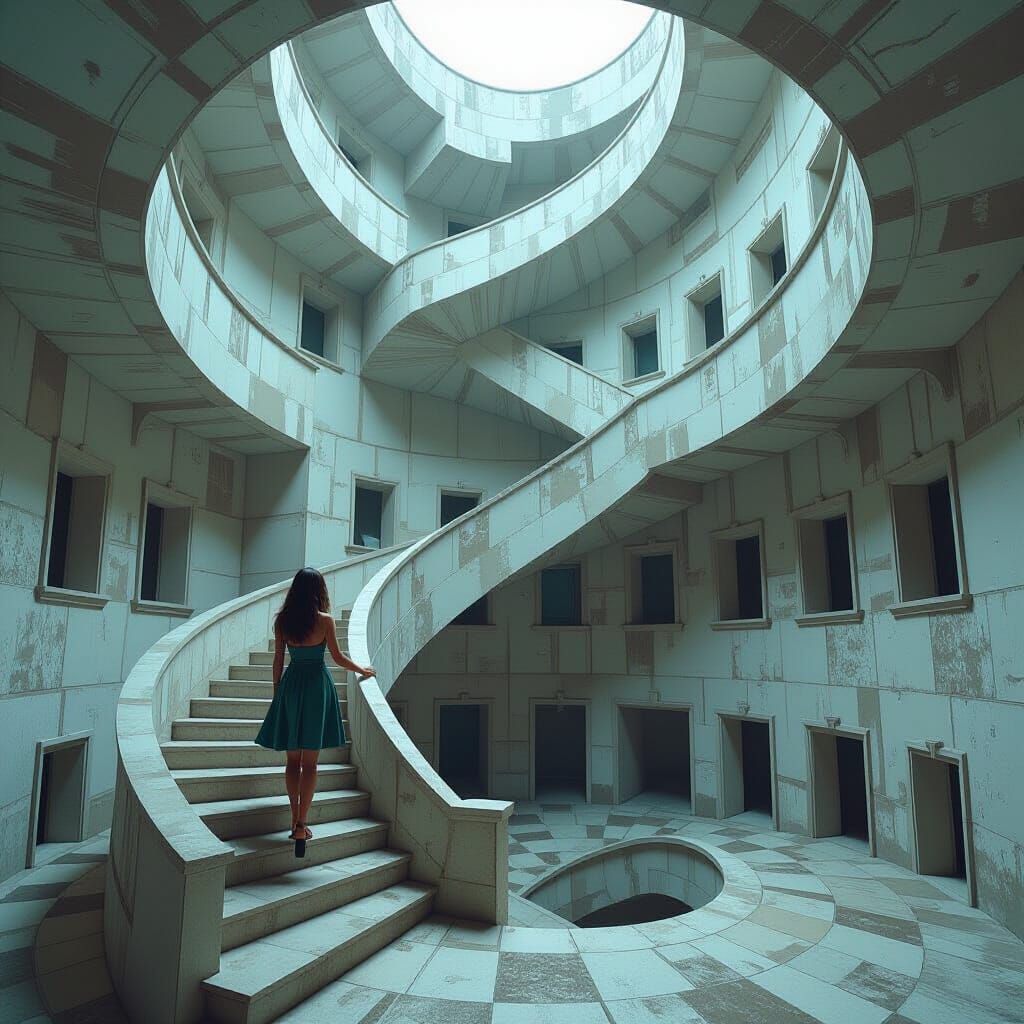 Woman Climbs Warped Staircase in Earthquake, Surreal Geometr...