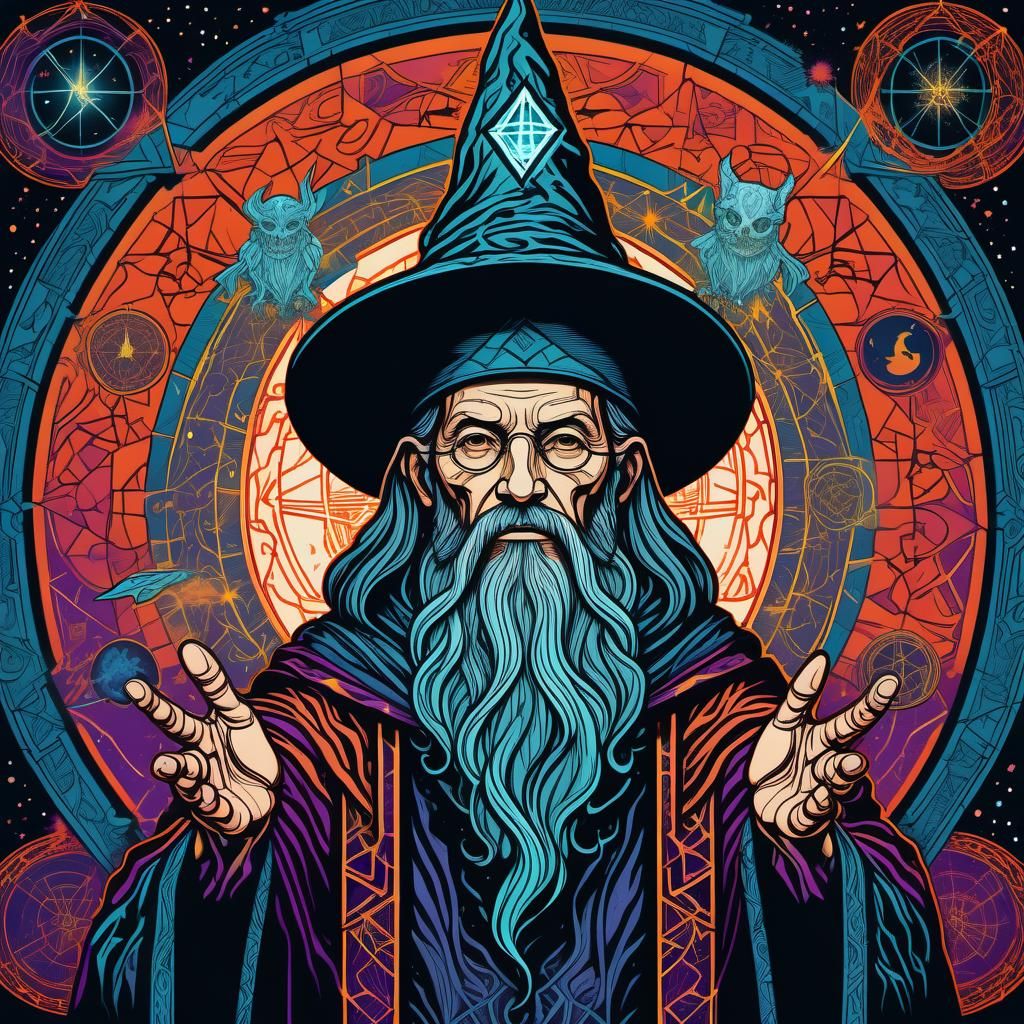 Wizard Summoning Magic in Screen Print Style