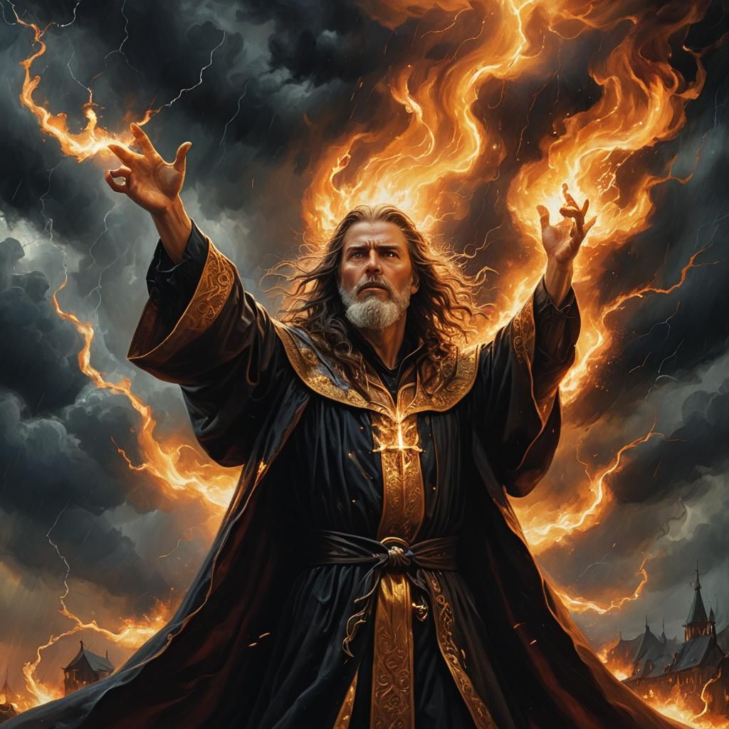 Wizard Conjures Fire in Storm, Oil Painting