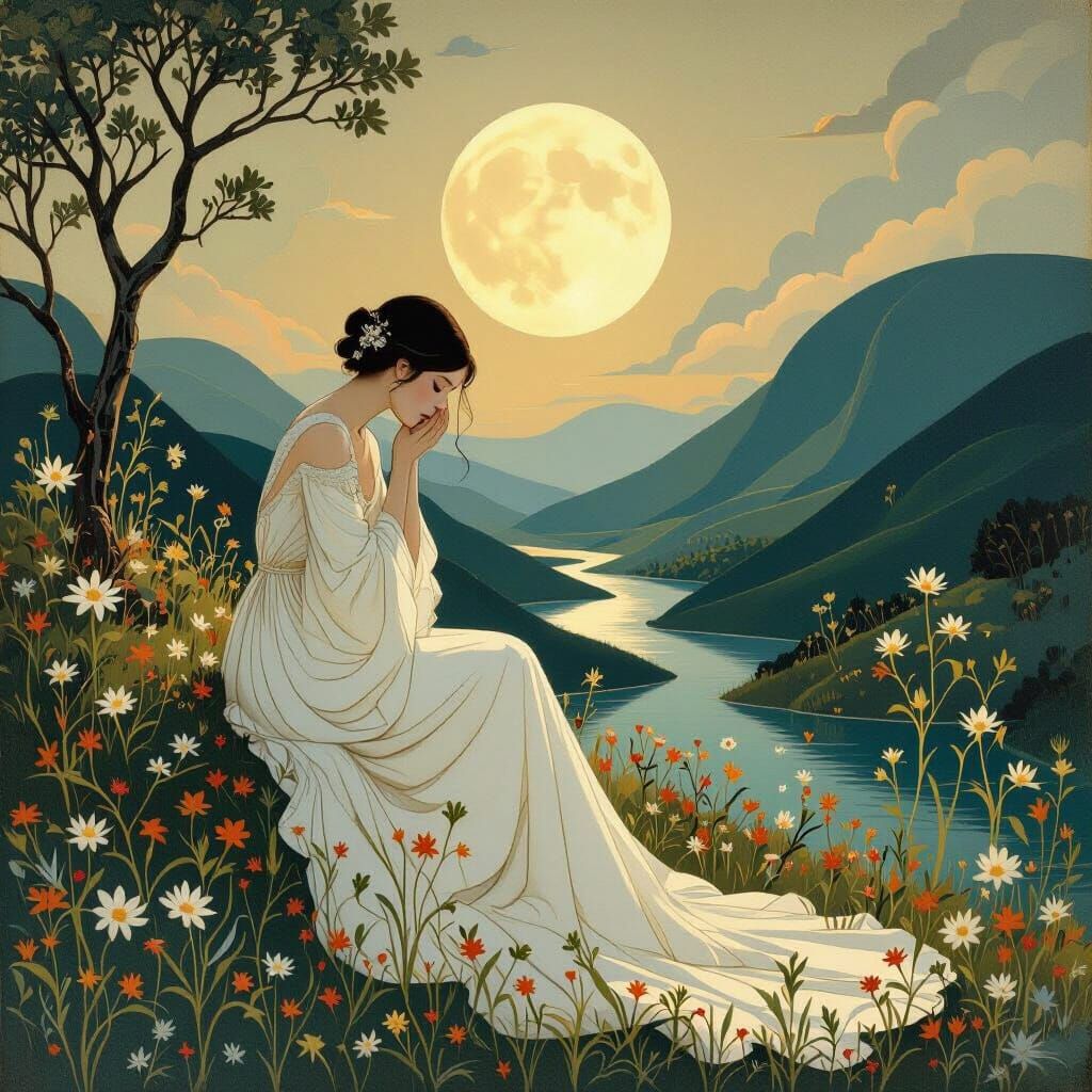 Moonlit Sorrow: Woman Beneath Undulating Hills