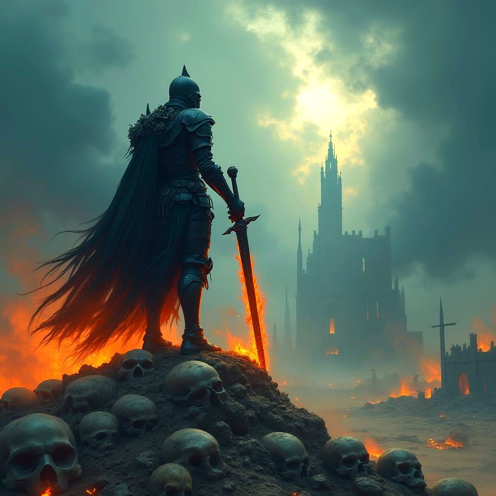 Skeletal Knight on Skull Mountain: Gothic Fantasy Art