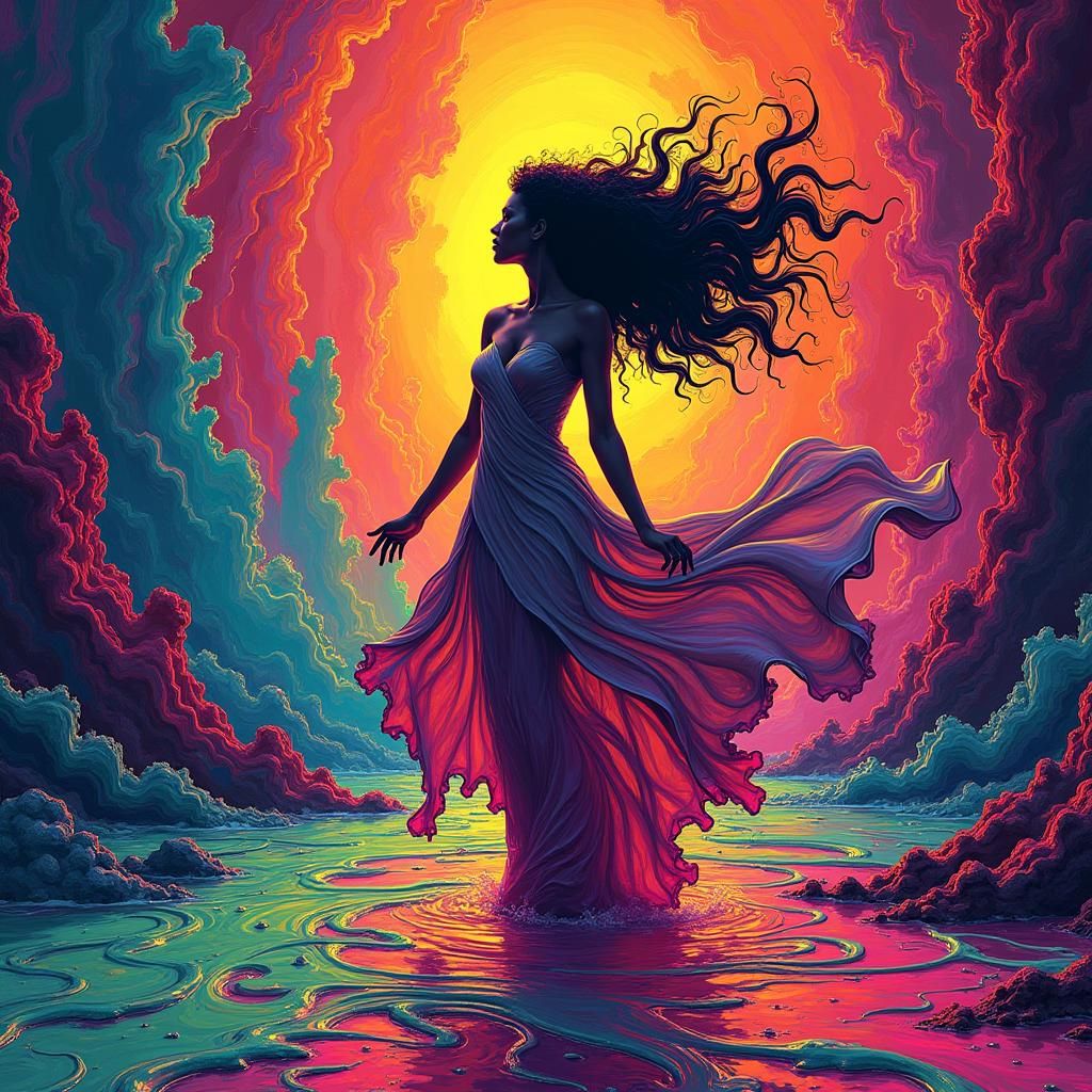 Psychedelic Dreamscape: Vibrant Female Figure in Neon Hues