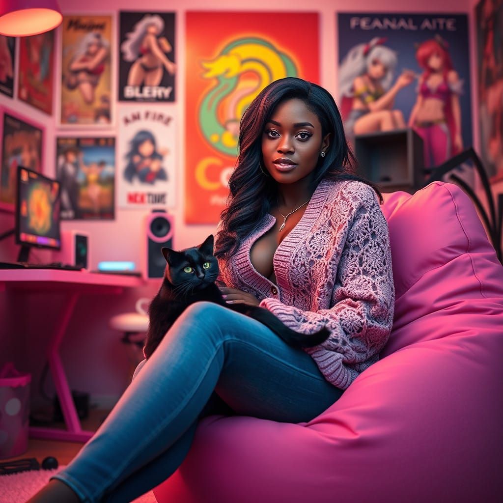 Elegant Gamer Girl in Cozy Room with Black Cat