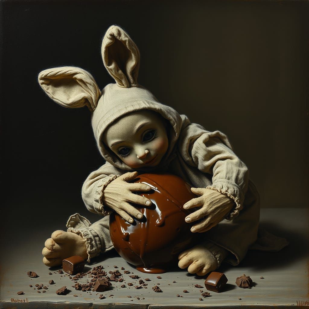 Dark Oil Painting: Rag Doll Consuming Chocolate Rabbit