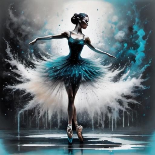 Ballerina in Teal Tutu Amid Misty Rain