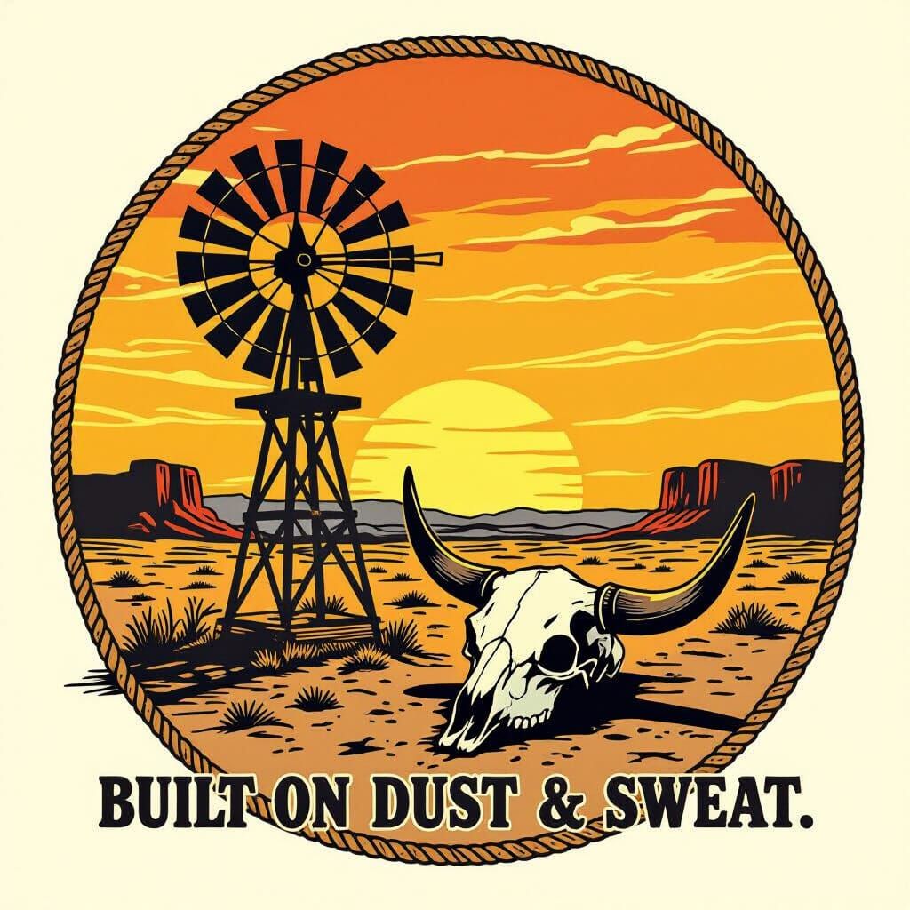Western Sunset Shirt Design with Windmill & Skull
