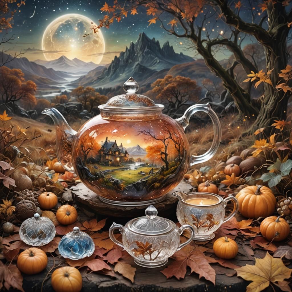Starlit Autumn Landscape Teapot, Hyperdetailed Fantasy Photo