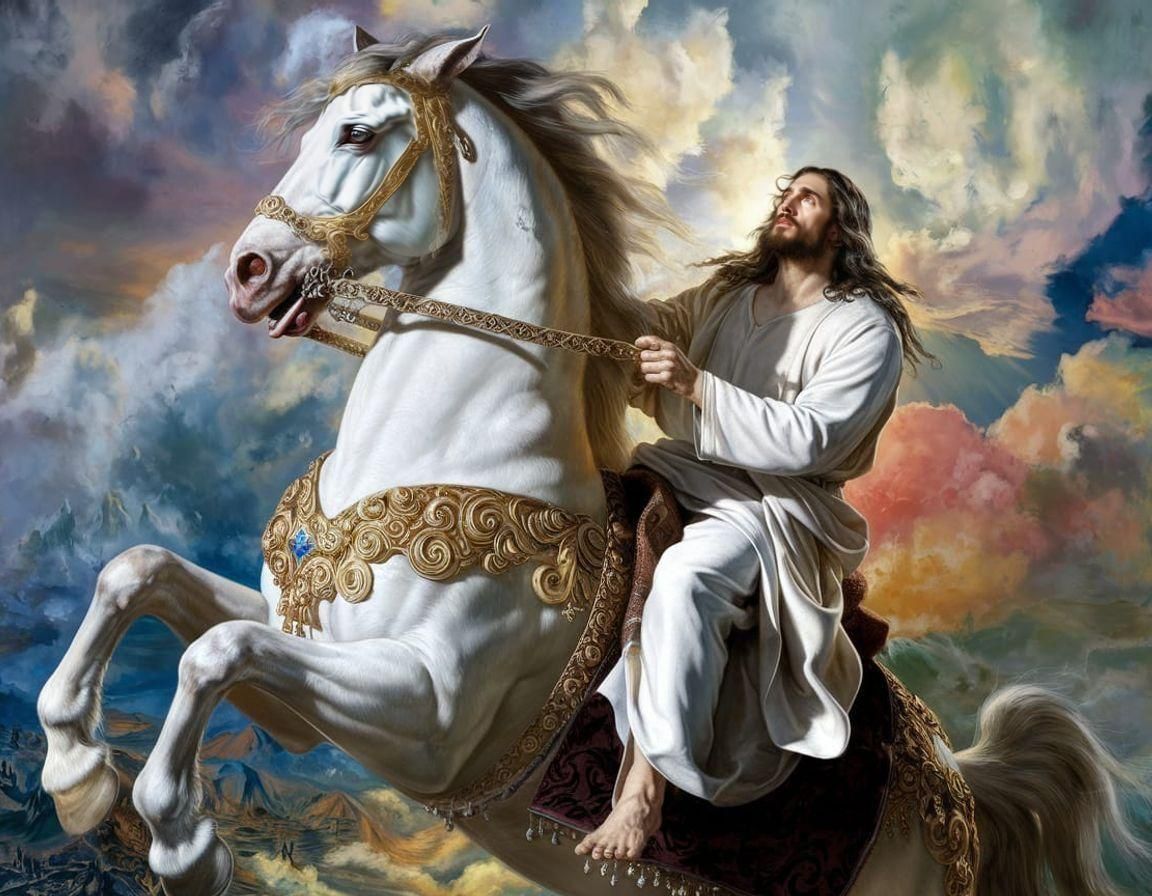 Jesus on White Horse in Hyperrealistic Oil Painting