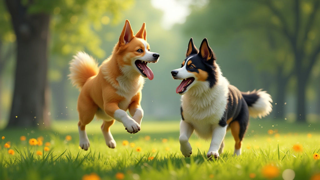 Dogs Playing in Park: Colorful and Detailed