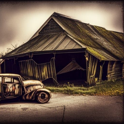 Steampunk Landscape with Ruins in Hard Edge Style