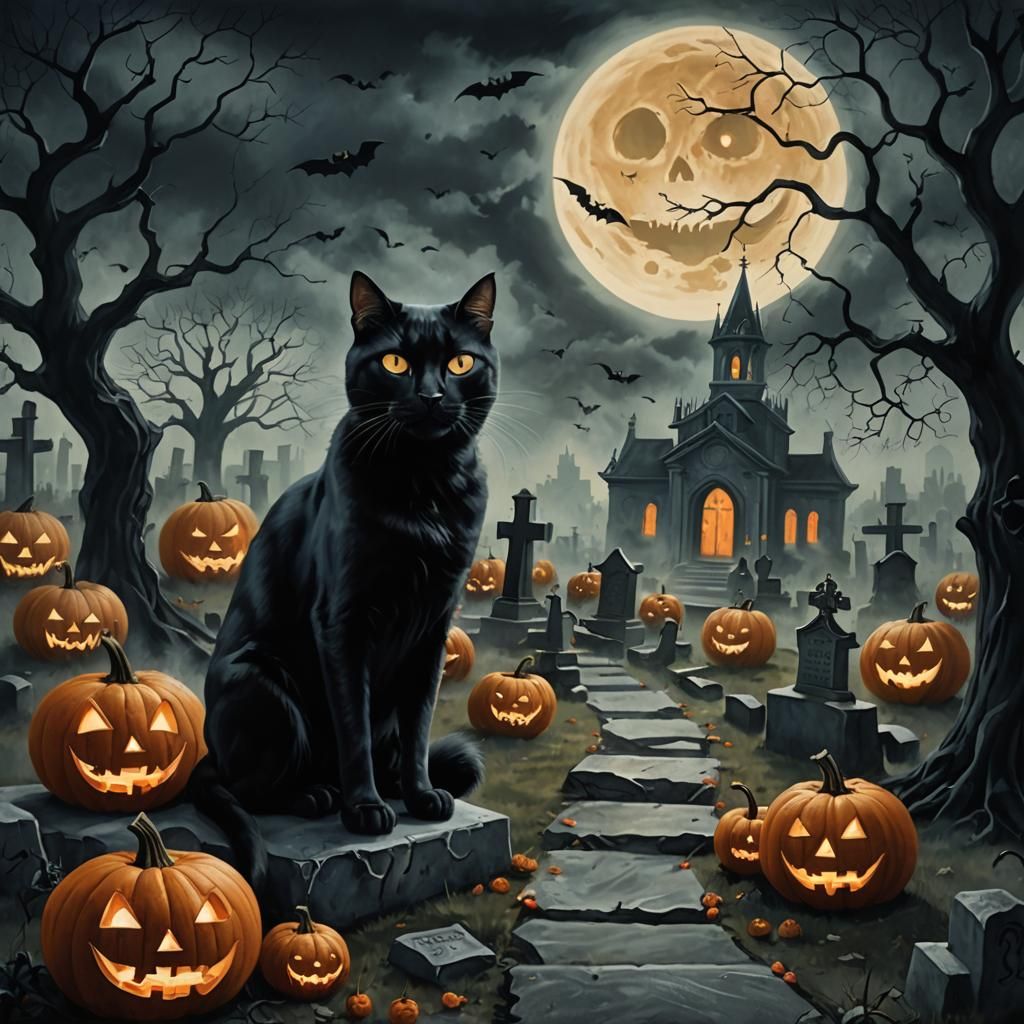 Eerie Graveyard Scene with Cat in Surreal Style