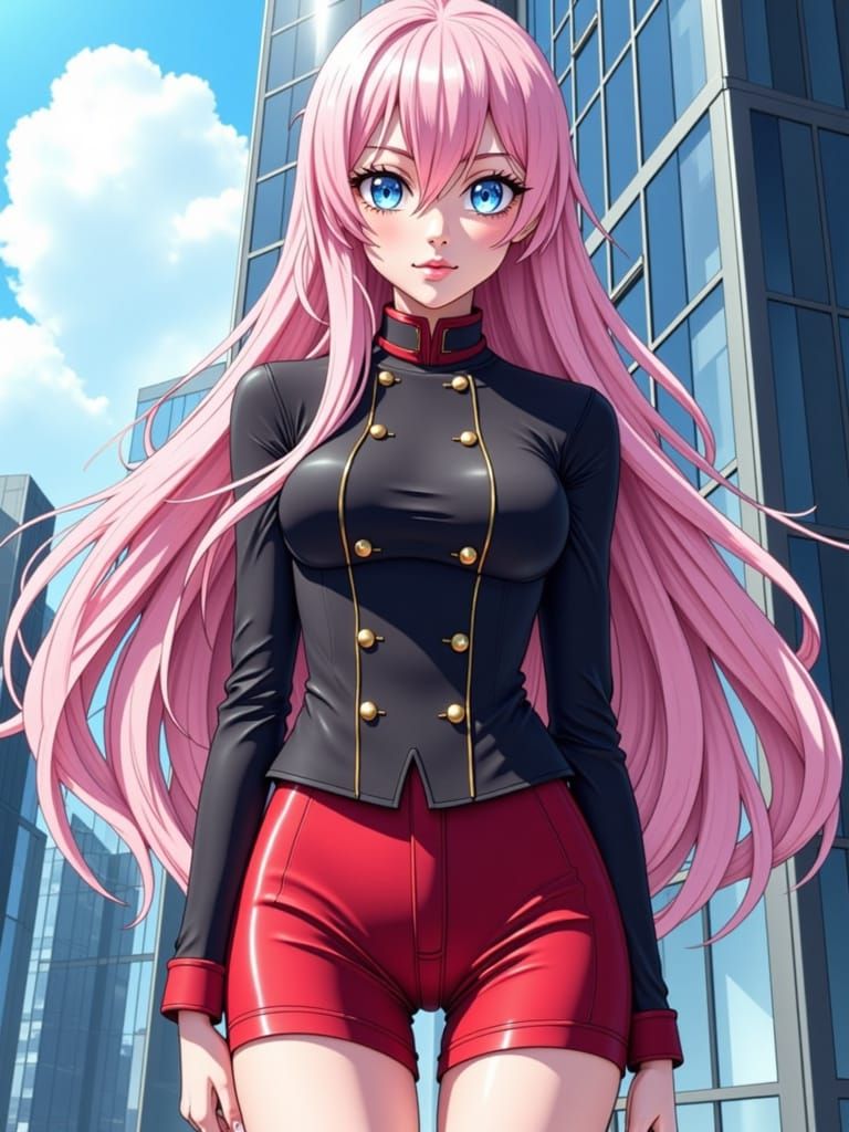 Anime woman with long pink hair and bright blue eyes. Wearing a uniform style black button down jacket with mandarin col...