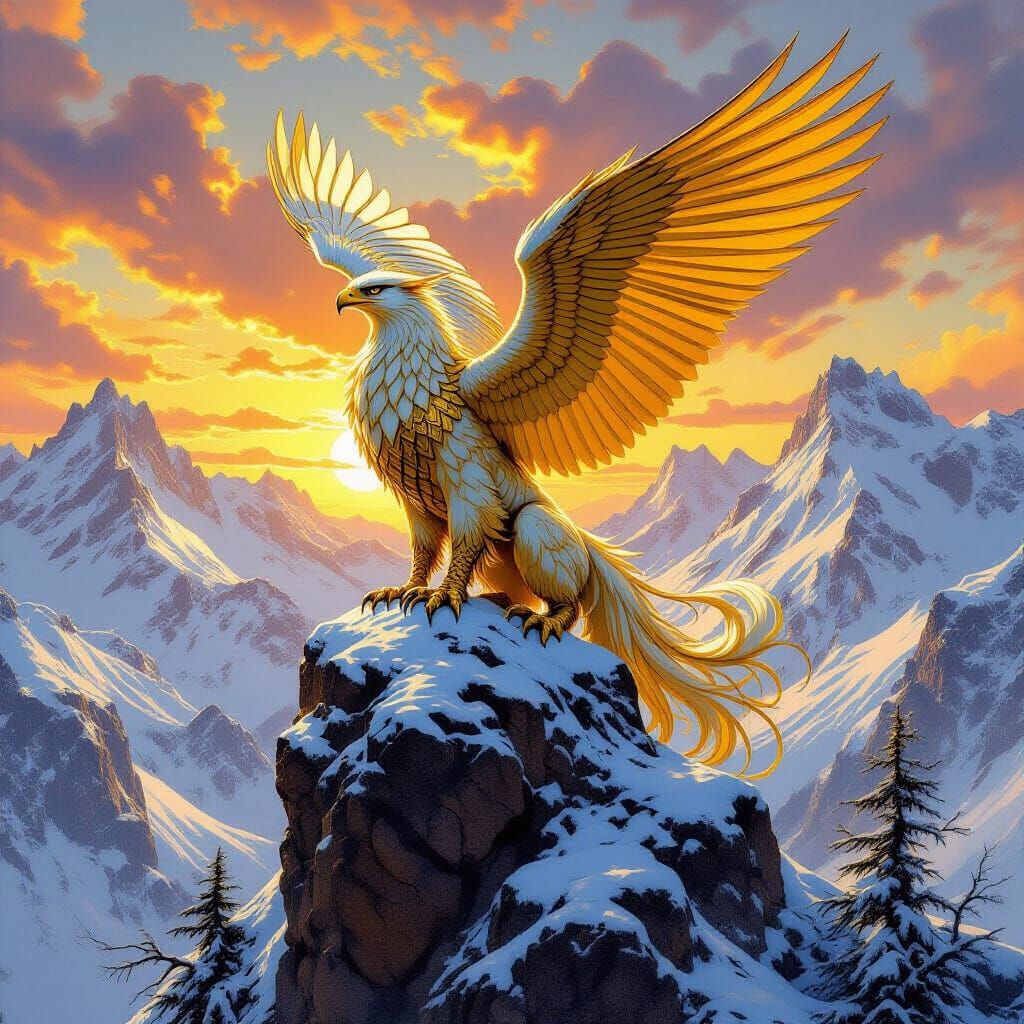 Griffin on Snow-Capped Peak in Art Nouveau Style