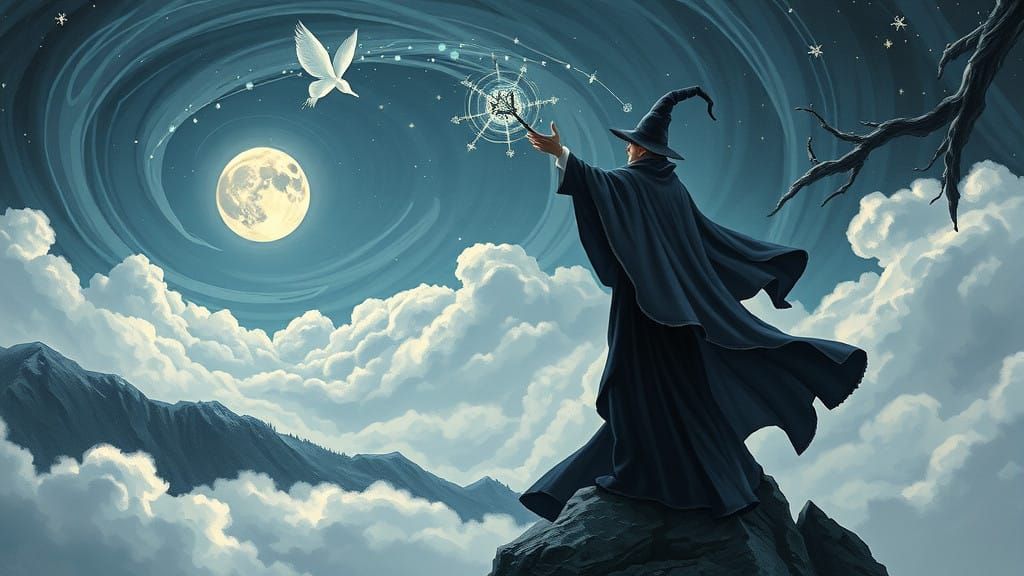 Magician's Celestial Vision in Whimsical Style