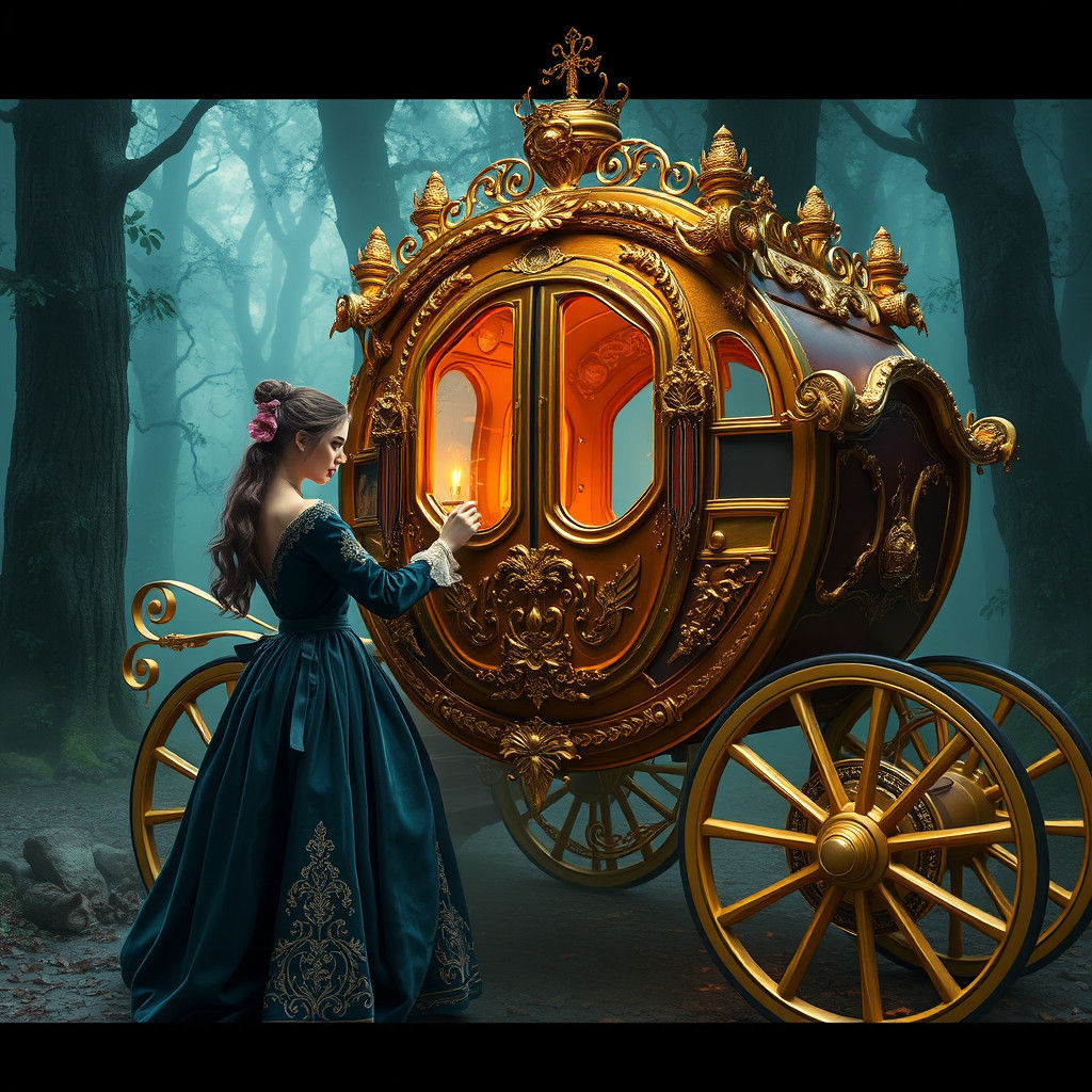 Cinderella Polishing Golden Carriage in Misty Forest