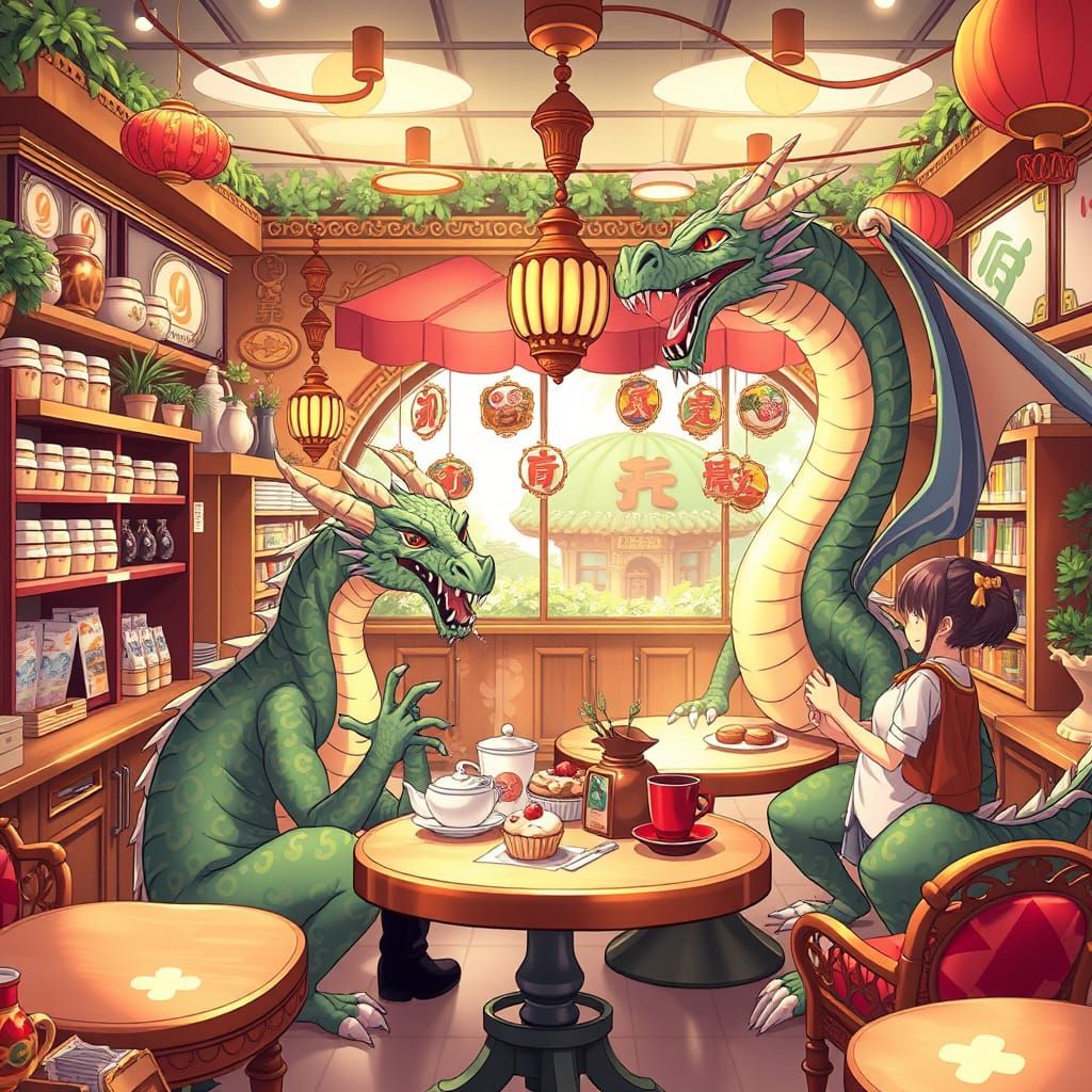 Anime Dragon Cafe Scene in Vibrant Detail