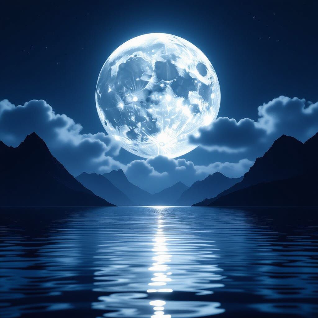 Calm Water Reflects Radiant Full Moon and Misty Clouds