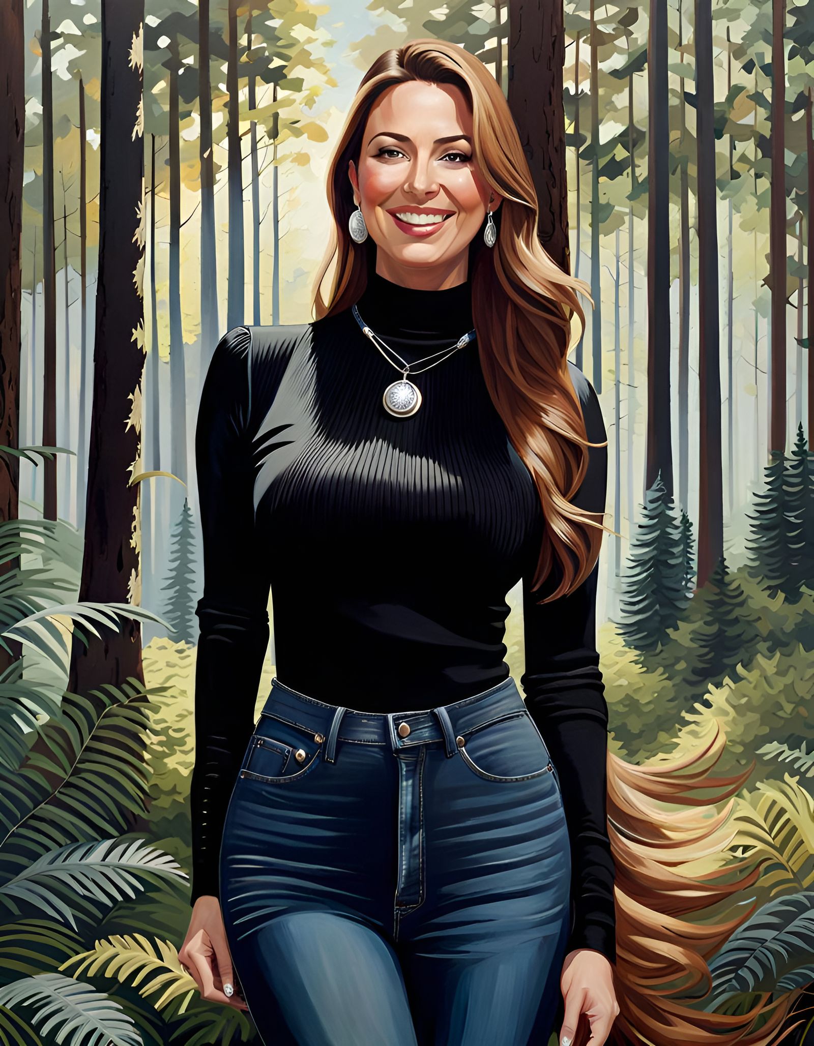 Elegant Woman Portrait in Forest, Oil Painting Style