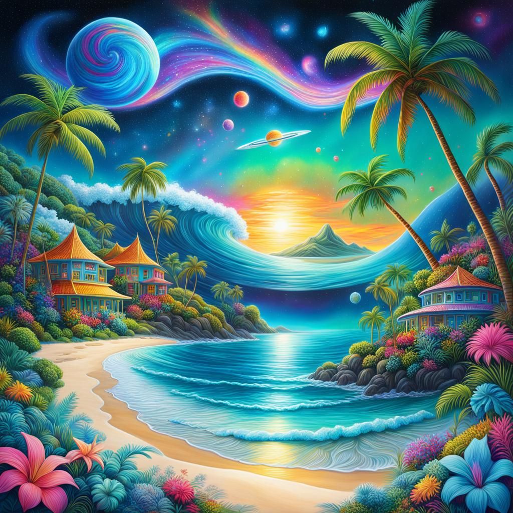 8k resolution holographic astral cosmic illustration mixed media by Pablo Amaringo. Cosmic beach scene with palm trees a...
