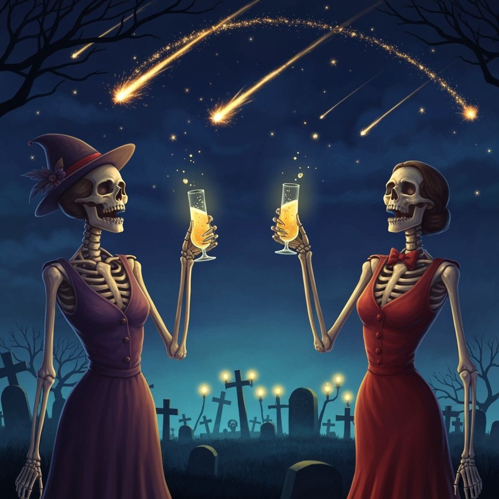 Skeletons Toasting Bubbly Under Shooting Stars