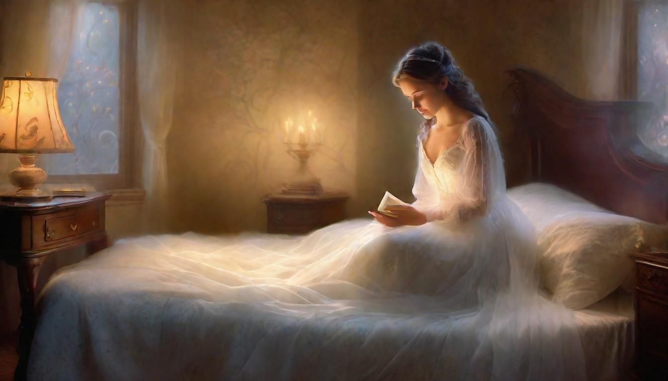 Ethereal Woman Reading Under Bed, Kinkade Style