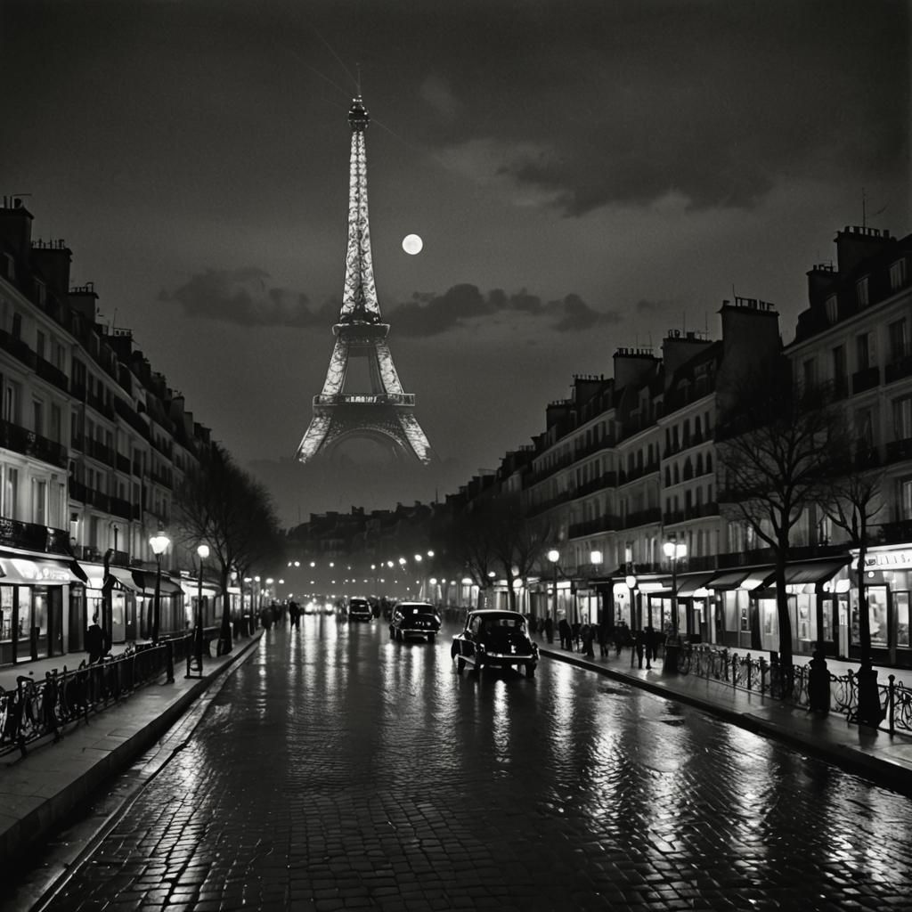 Dreamlike Night in Paris: Hyperrealistic Black and White
