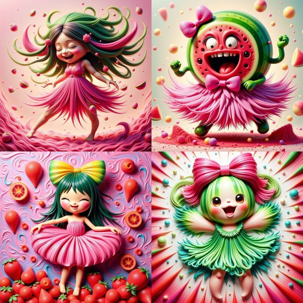 Laughing Kawaii Watermelon Woman in Impasto Style
