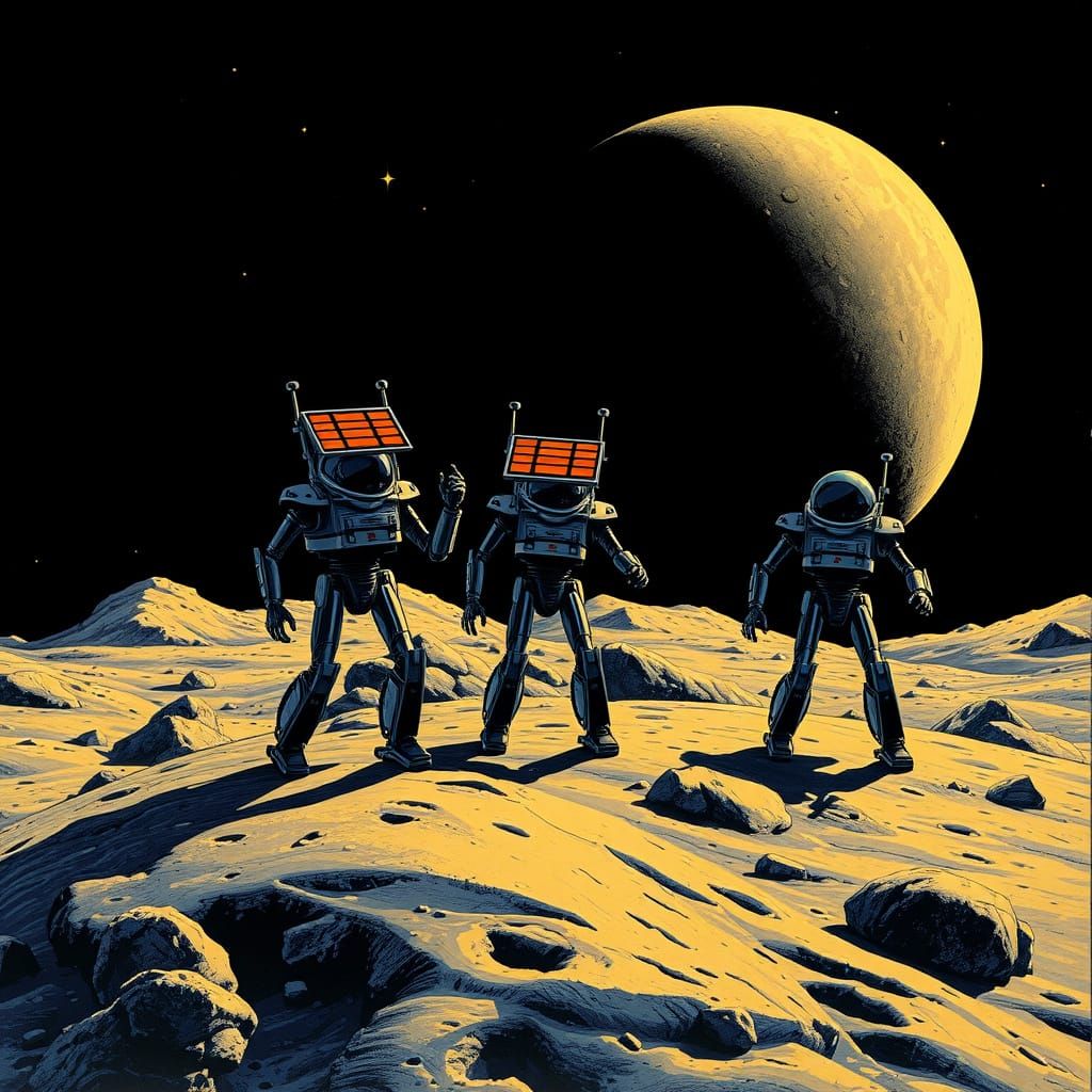 Solar Powered Robots in a Perfect Black Space Landscape