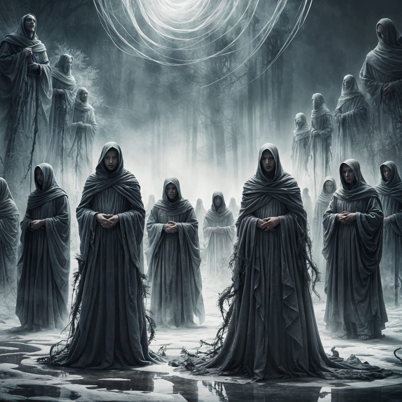Eerie Robed Figures Stand Silently Watching