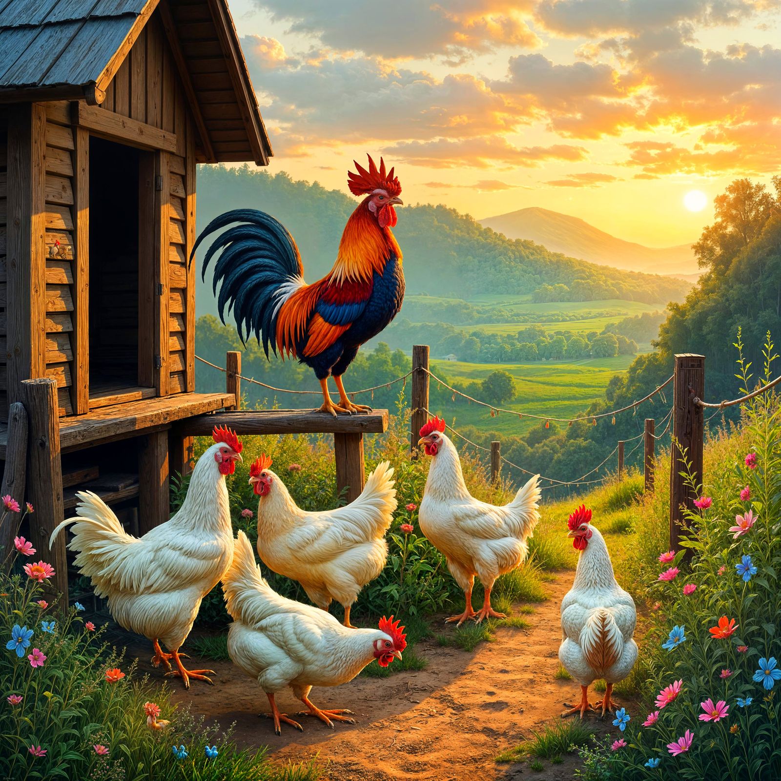 Sunrise Over Chicken Coop: Detailed Oil Painting