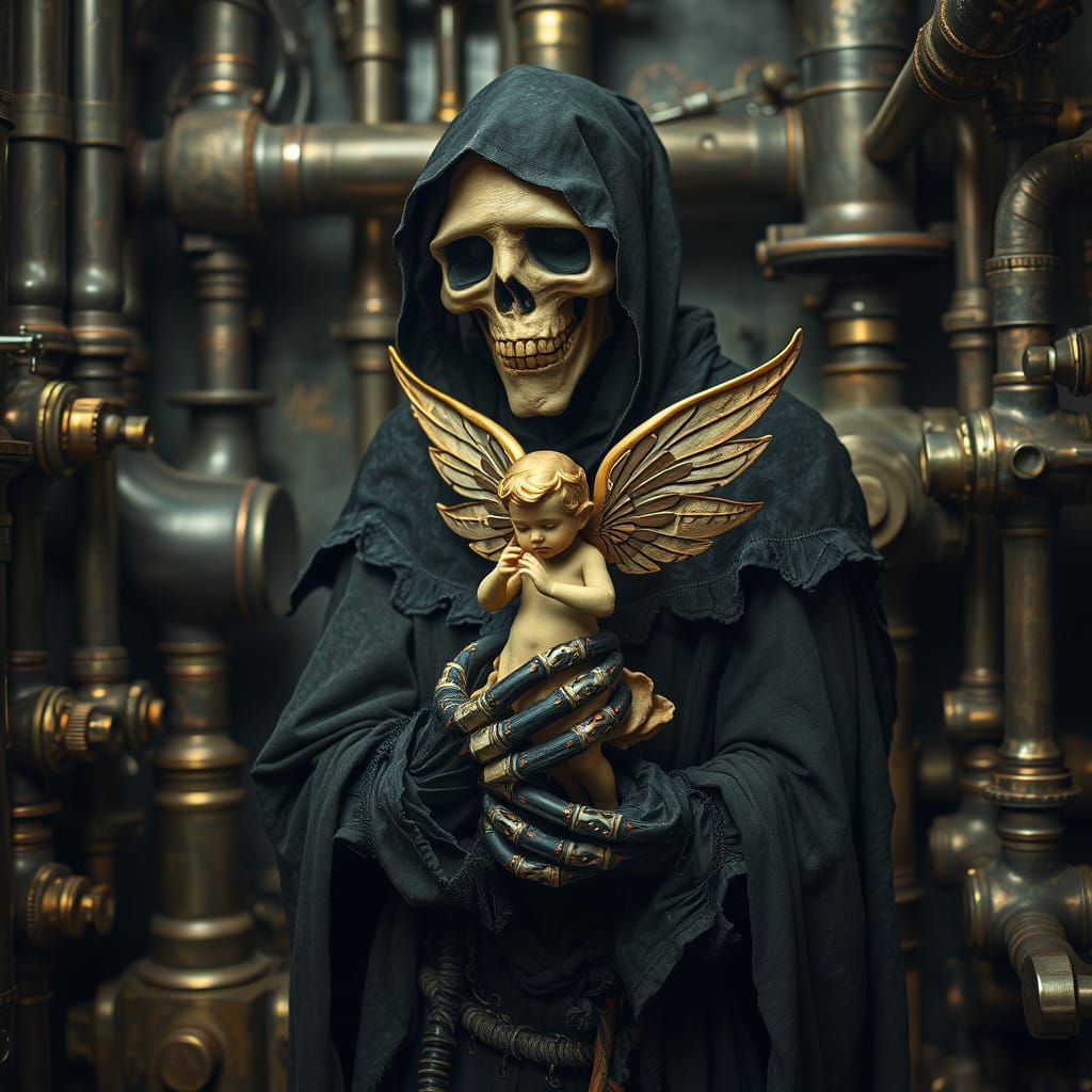 Grim Reaper in Industrial Victorian Attire with Delicate Ang...