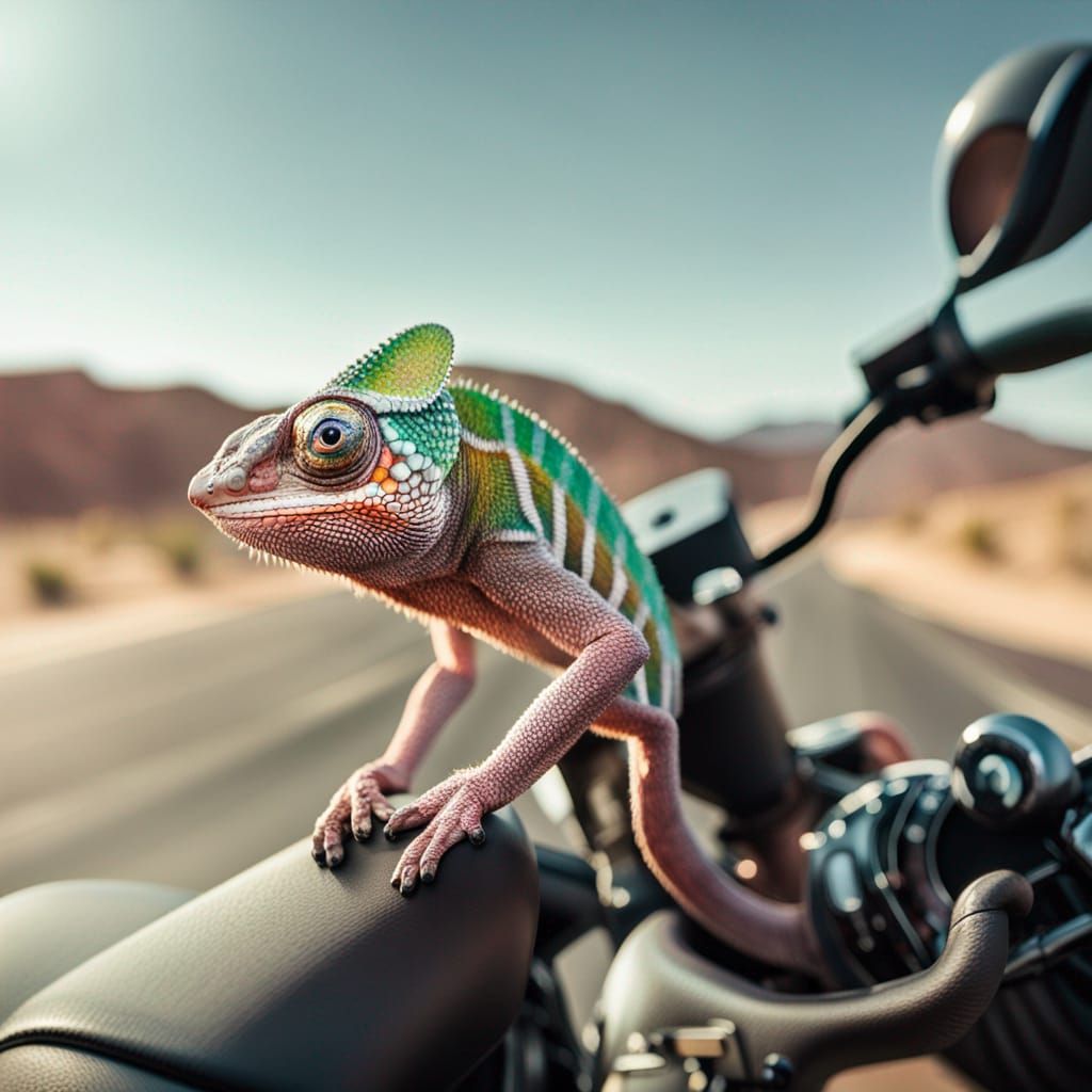 Chameleon on Motorcycle: Desert Road Photography