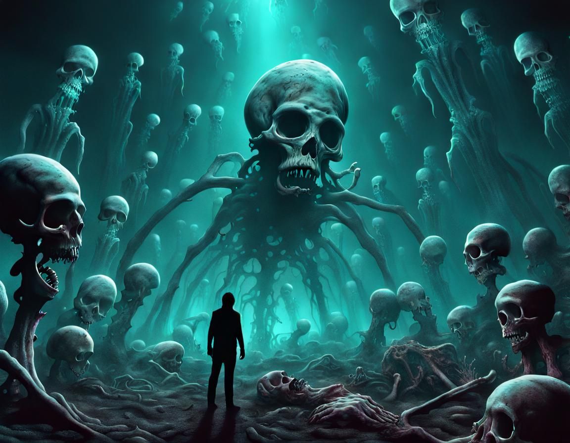 Cosmic Graveyard: Surreal Undersea Gods in Nebula Gas